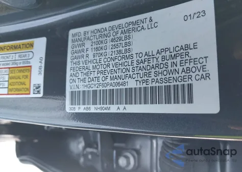 2023 Honda Accord Hybrid Ex-L из США, поврежденный, VIN 1HGCY2F60PA006481